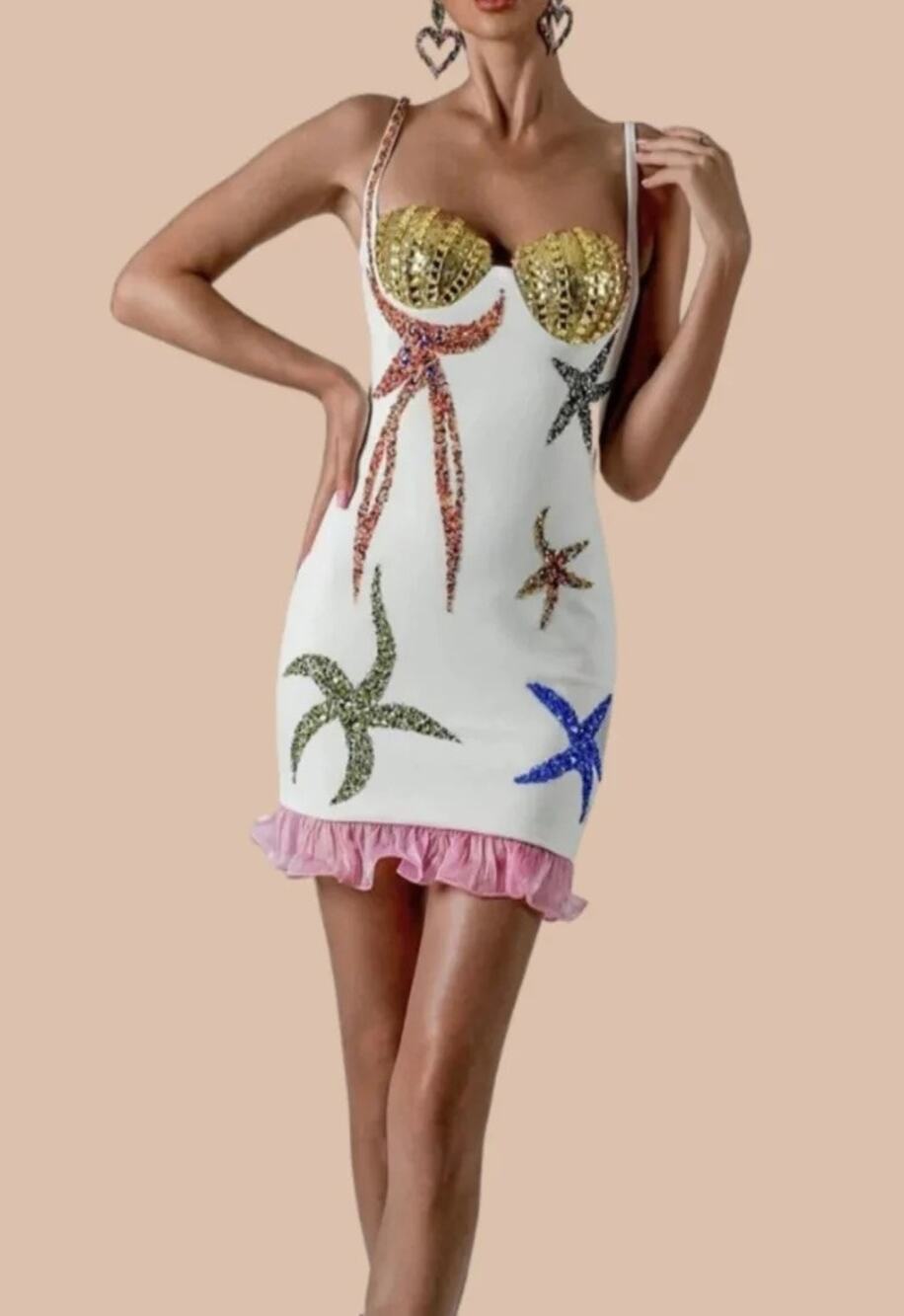 Starfish Sequin Shell Bandage Mini Dress White Pink ASO Dua Lipa XS